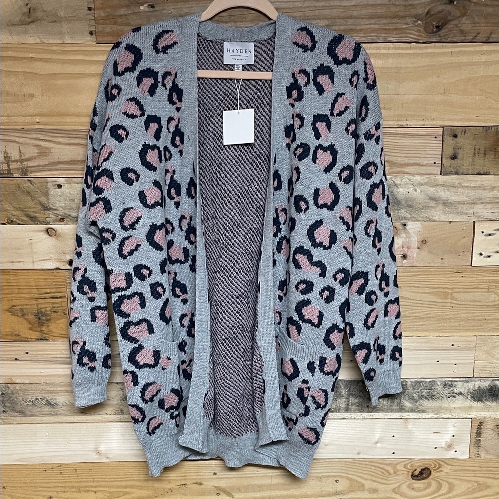 Hayden size M/L Pink and Black Leopard Print on a Gray Background Open Cardigan